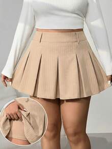 SHEIN EZwear 大码卡其色和白色条纹迷你百褶裙，休闲百搭，适合返校季、春秋季穿着。 - 卡其色 - 查看 3