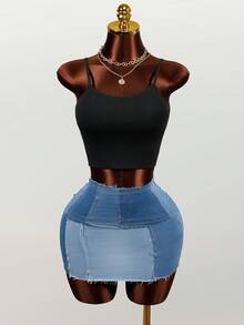 Mistrie Women's Frayed Hem Casual Denim Pencil Skirt - Blue - View 3