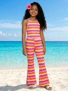 Sparklyn 2pcs/Set Tween Girls Vacation Beach Colorful Striped Squishy Jacquard Contrast Color Halter Crop Top + Flare Pants Outfit, Summer Clothes - Multicolor - View 6