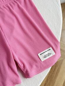 SHEIN Tween Girls Casual Fashion Streetwear Pink Ribbed Loose T-Shirt And Skinny Bike Shorts 2 Pieces Set - Hot Pink - View 3