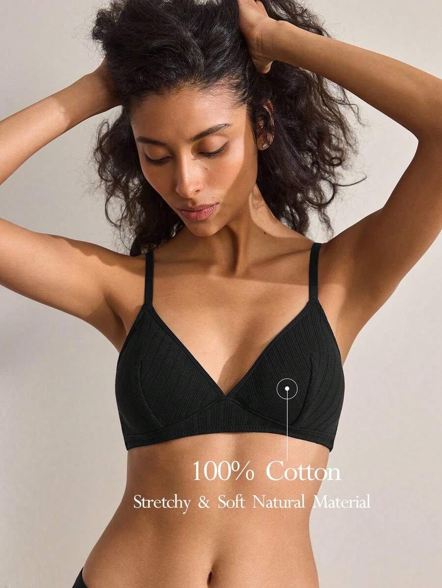 Ocili 1pc Black Sexy Minimalist Wireless Bra, Adjustable Strap, Thin Cotton Material, European & Japanese Style - Black - View 1