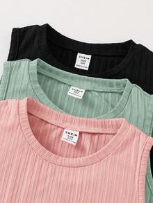 SHEIN Conjunto de 3 vestidos casuales sin mangas de cuello redondo de punto de unicolor para niñas preadolescentes - Multicolor - Ver 5
