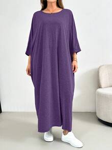 SHEIN Essnce 大码女装春夏时尚休闲宽松舒适日常基础修身灰色七分袖长连衣裙，简约风格，大码连衣裙，女士教堂礼服，外出穿搭 - 紫色 - 查看 1