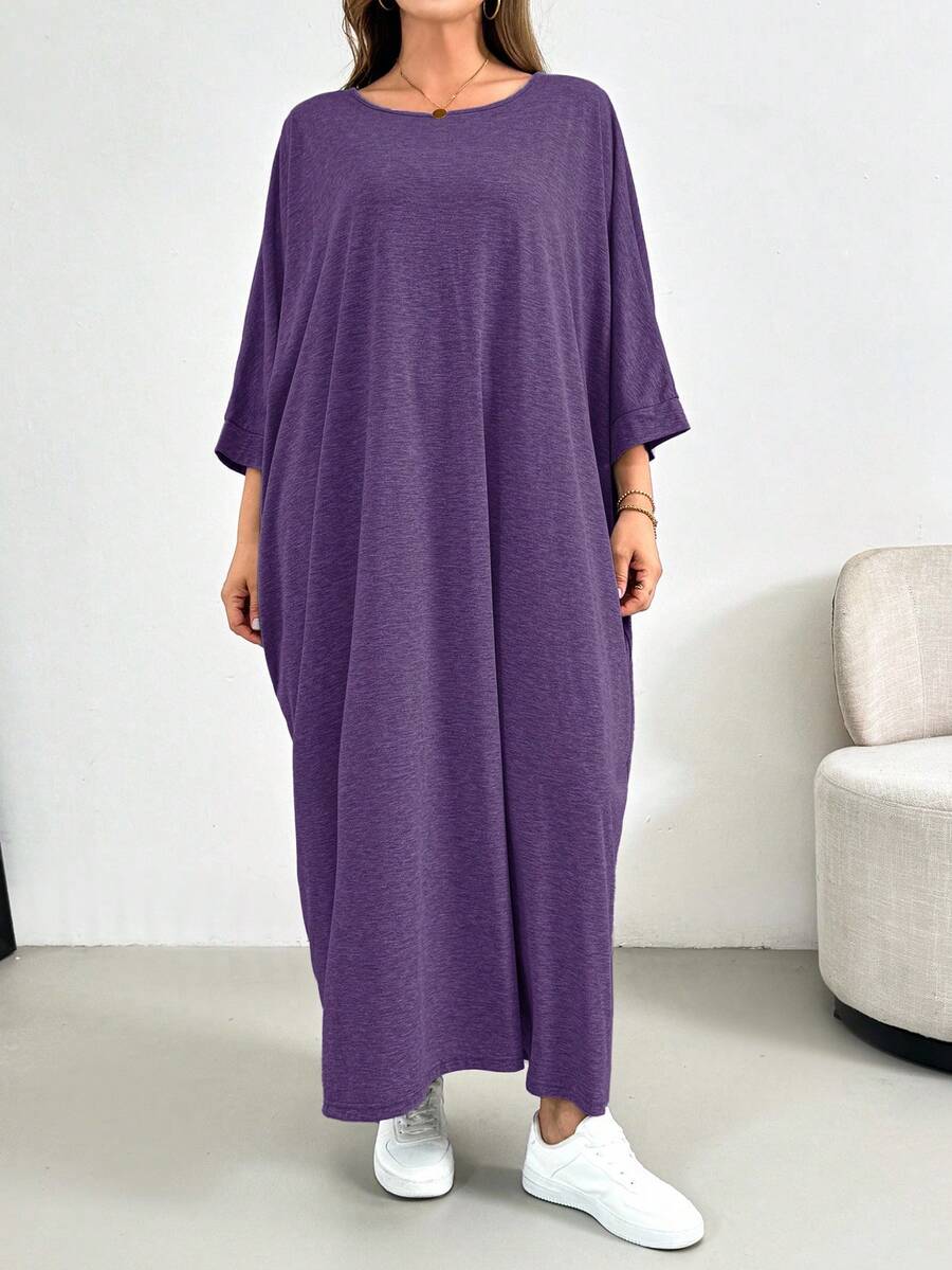 SHEIN Essnce 大码女装春夏时尚休闲宽松舒适日常基础修身灰色七分袖长连衣裙,简约风格,大码连衣裙,女士教堂礼服,外出穿搭 - 紫色 - 查看 1