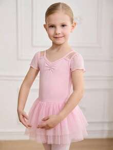SHEIN Vestido de tutú de ballet profesional para niña, diseño de manga corta rosa dulce con corte en el hombro, tela de malla suave multicapa y elástica, estilo adorable de hada, perfecto para clases de ballet y recitales, ligero y amigable con la piel - Rosa - Ver 4