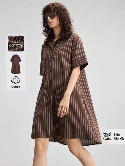 Ontre 2026 Nuevo vestido de verano de manga corta con cuello de camisa a rayas en caqui, adecuado para el transporte urbano, casual, moda minimalista, transporte urbano, vestido de verano minimalista elegante para damas, playa, vacaciones, oficina, festival de música rural, invitado de boda, fiesta elegante