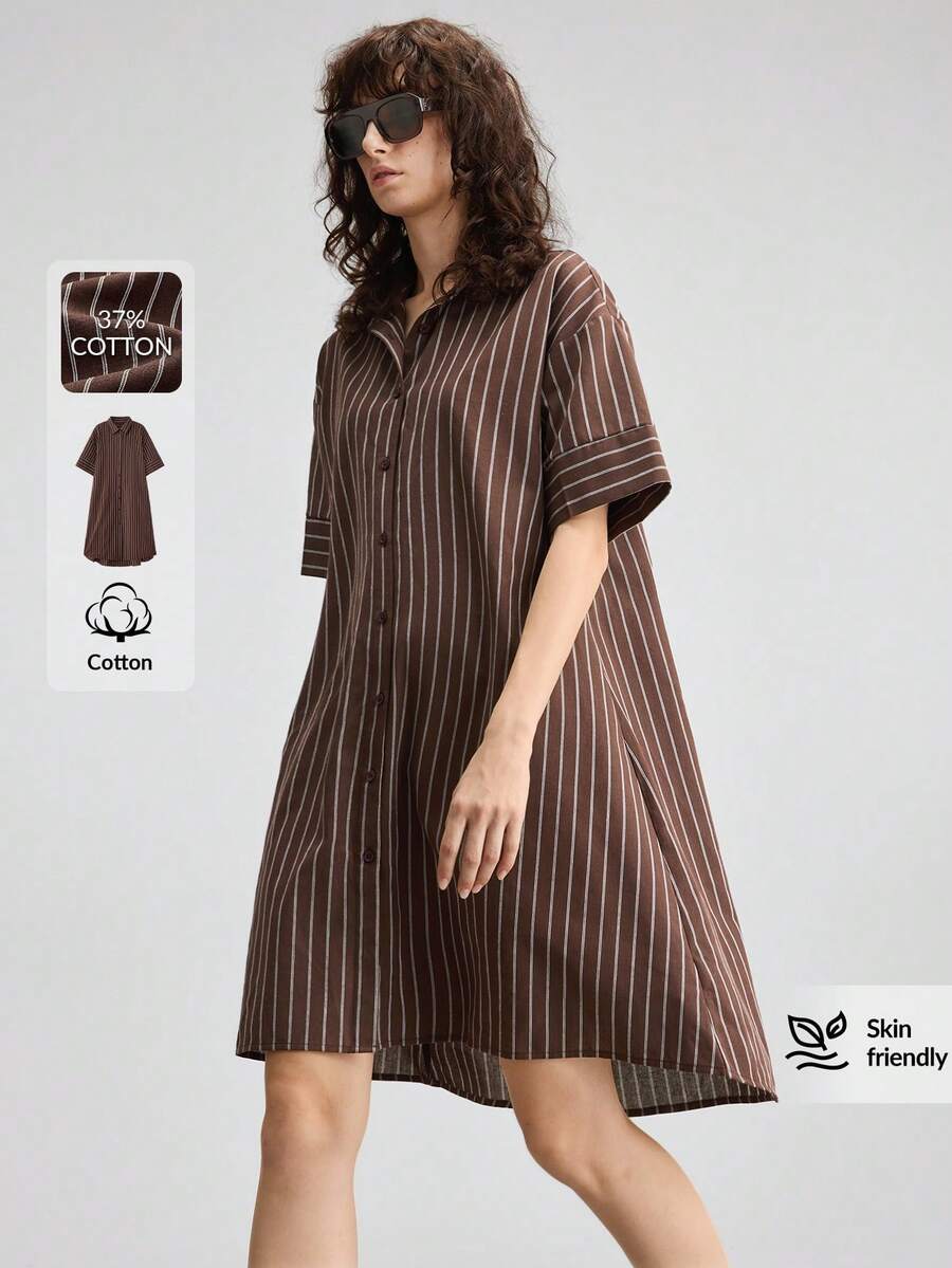Ontre 2026 Nuevo vestido de verano de manga corta con cuello de camisa a rayas en caqui, adecuado para el transporte urbano, casual, moda minimalista, transporte urbano, vestido de verano minimalista elegante para damas, playa, vacaciones, oficina, festival de música rural, invitado de boda, fiesta elegante - Caqui - Ver 1