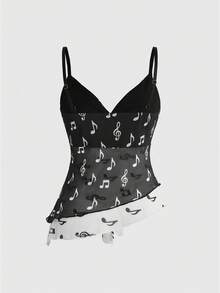 ROMWE Áo tank top nữ in họa tiết nốt nhạc, vạt áo bất đối xứng, gợi cảm phong cách Y2K. - màu đen - Xem 2