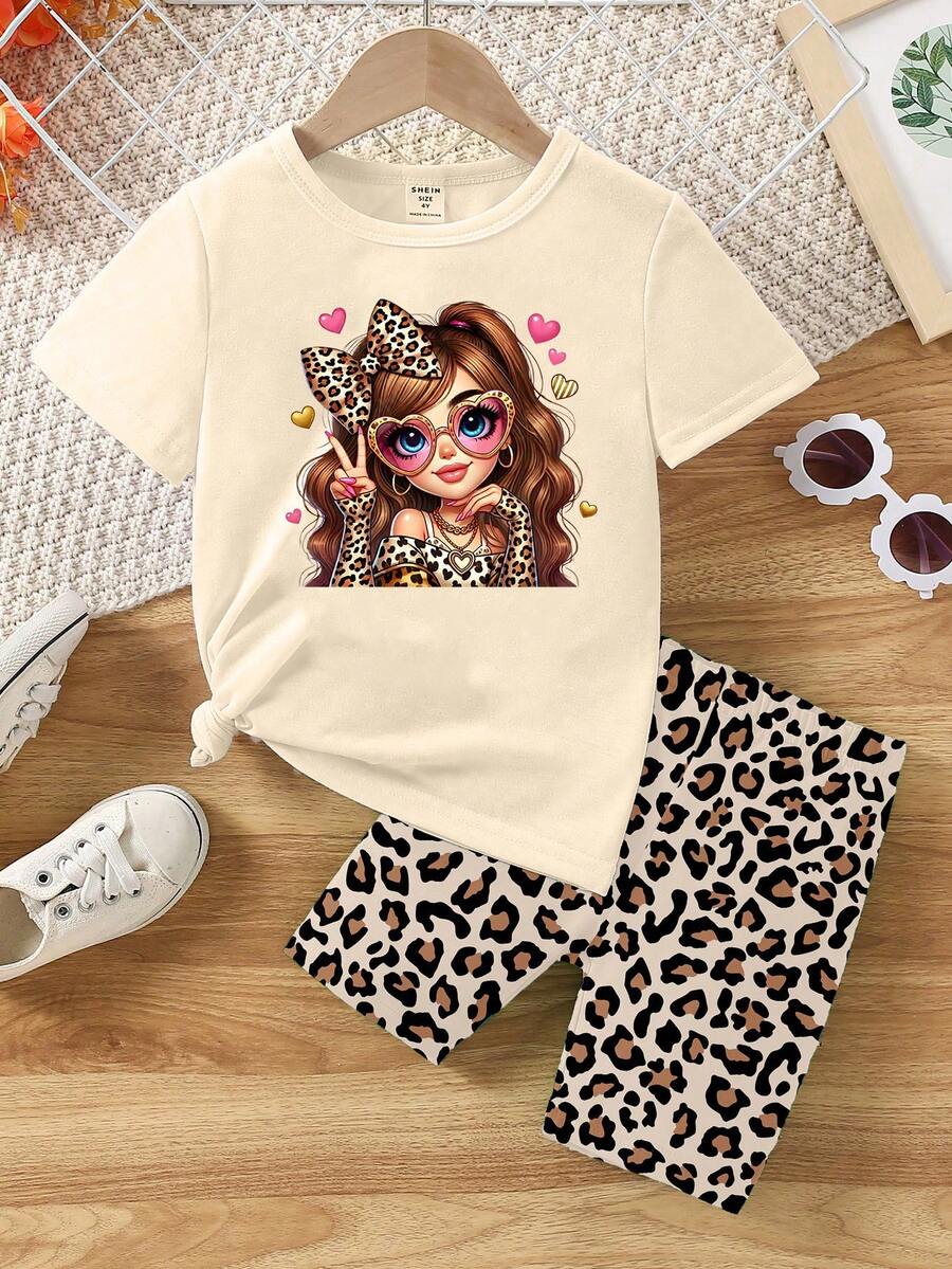 Spring And Summer Girls Toddler Casual Chic Leopard Bow Pigtail Print Short Sleeve T-Shirt And Bike Shorts 2pcs Set, Comfortable Daily Outfit - Multicolor - View 1