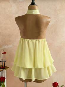 Tween Girl Solid Color Fashionable Halter Jumpsuit - Yellow - View 2