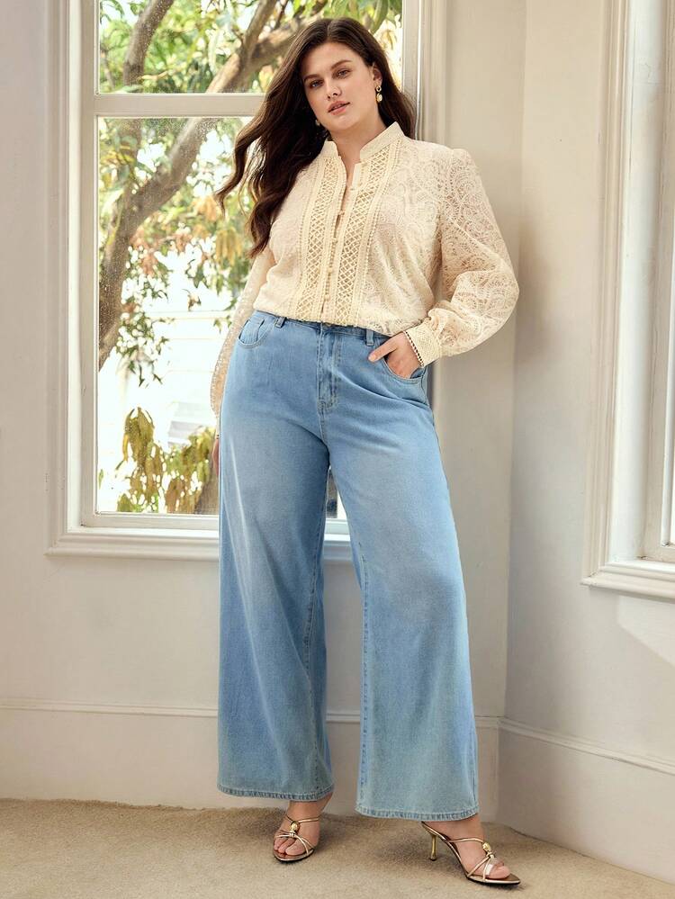 PLUS SIZE WOMEN SPRING/AUTUMN WHITE LACE COLLAR LONG SLEEVE BLOUSE