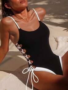 Swim Vcay 女士新款性感镂空交叉撞色连体泳衣，夏季 - 黑色 - 查看 1