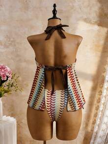 Bellisia Bộ đồ bơi Tankini cổ yếm, lưng hở, chất liệu vải có họa tiết, thắt nơ, thanh lịch, thích hợp cho tiệc bãi biển, hồ bơi mùa hè. - Nhiều màu - Xem 2