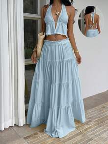 SHEIN Unity 黄色亚麻深V领露背吊带背心搭配低腰多层荷叶边长裙两件套，优雅性感，适合度假、海滩、派对、日常、约会等场合，简约设计，夏季女士必备。 - 藍色 - 查看 1