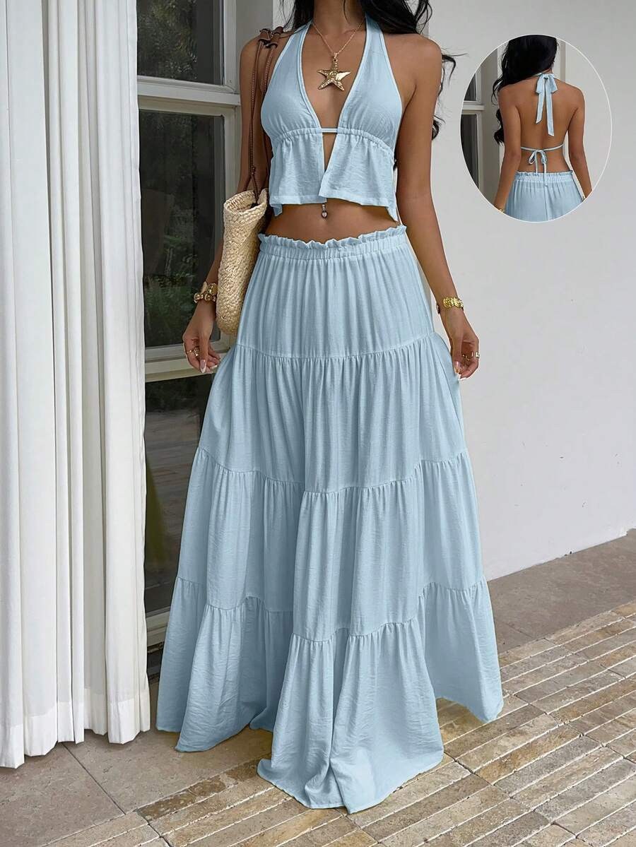SHEIN Unity 黄色亚麻深V领露背吊带背心搭配低腰多层荷叶边长裙两件套，优雅性感，适合度假、海滩、派对、日常、约会等场合，简约设计，夏季女士必备。 - 藍色 - 查看 1