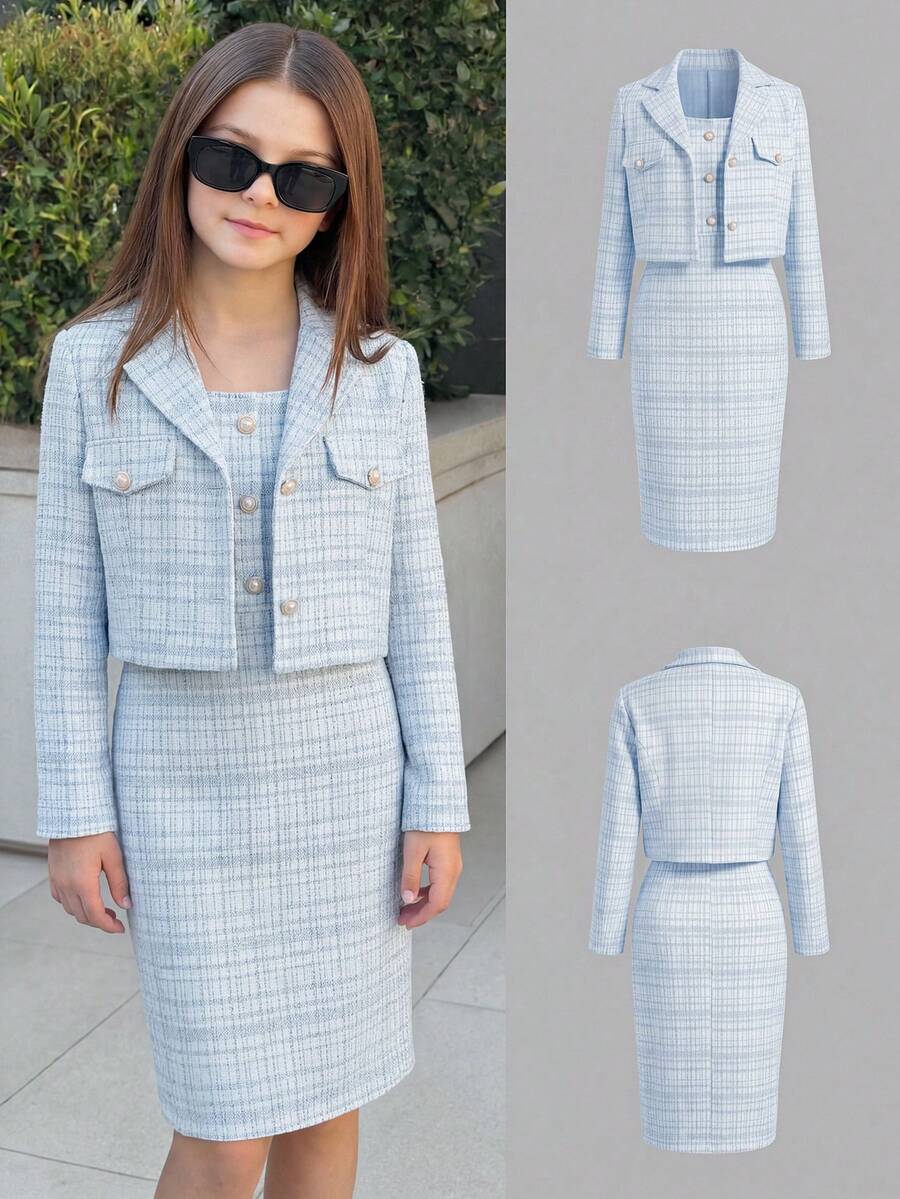 SHEIN 两件套大童优雅粗花呢短款西装外套+无袖修身连衣裙，正式套装，春秋季 - 藍色 - 查看 1