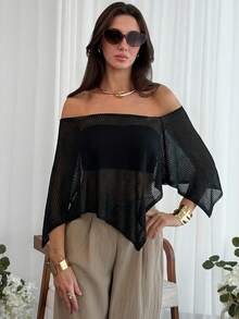 Aloruh Xale feminino elegante em estilo boêmio para férias, modelo pulôver de malha folgada com ombros à mostra e barra assimétrica, leve e com proteção solar. - Preto - Ver 5