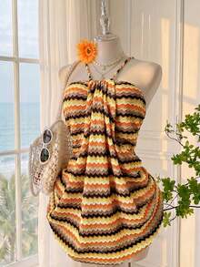Comfortcana Plus Size Bohemian Boho Orange Ruffle Backless Casual Holiday Midi Dress, Summer Beach Holiday Tropical Vacation - Multicolor - View 1