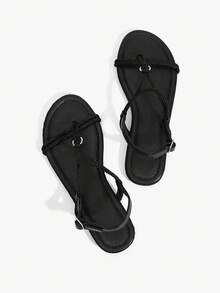 Grefit Women's Black Flat Sandals With Braided Straps - Black - View 1