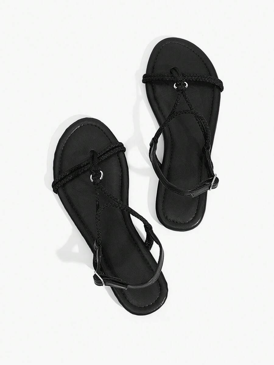 Grefit Women's Black Flat Sandals With Braided Straps - Black - View 1