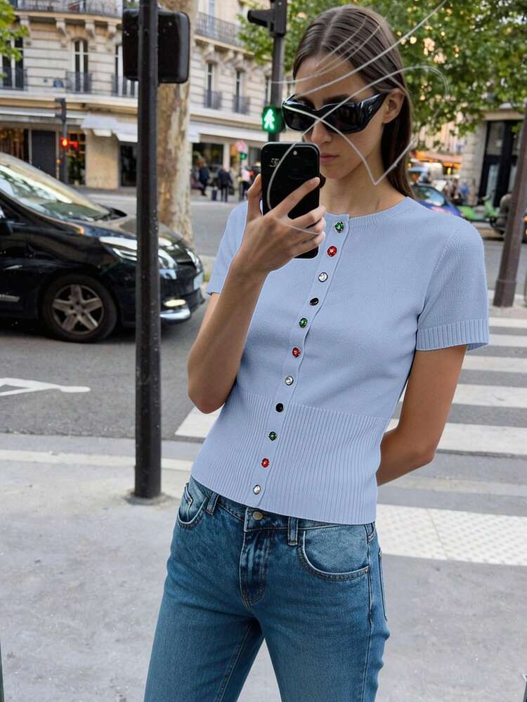 SHEIN Maija Women's Knit Long Sleeve Top With Belt And Metal Decor