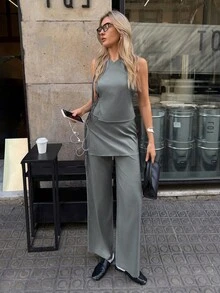 Siren Gaze Women's Sage Green Summer Chic Brunch Two Piece Set,Asymmetrical Wrap Top High Waist Wide Leg Pants,Elegant Business Casual Office Brunch Wear Outfits - Grey - View 3