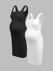 Modmama Maternity Solid Color Minimalist Sleeveless Dress, Casual Everyday Wear - Black and White - View 3