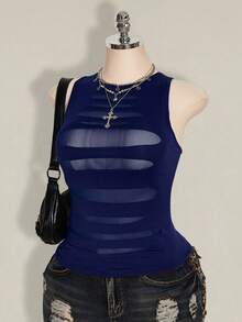 SHEIN ICON Blusa casual versátil de uso diario con parches de malla transparente para mujer de talla grande - Azul Marino - Ver 5