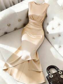 GlowEve Women's Elegant Solid Color Satin Ruched Waist Asymmetric Hem Dress - Apricot - View 8