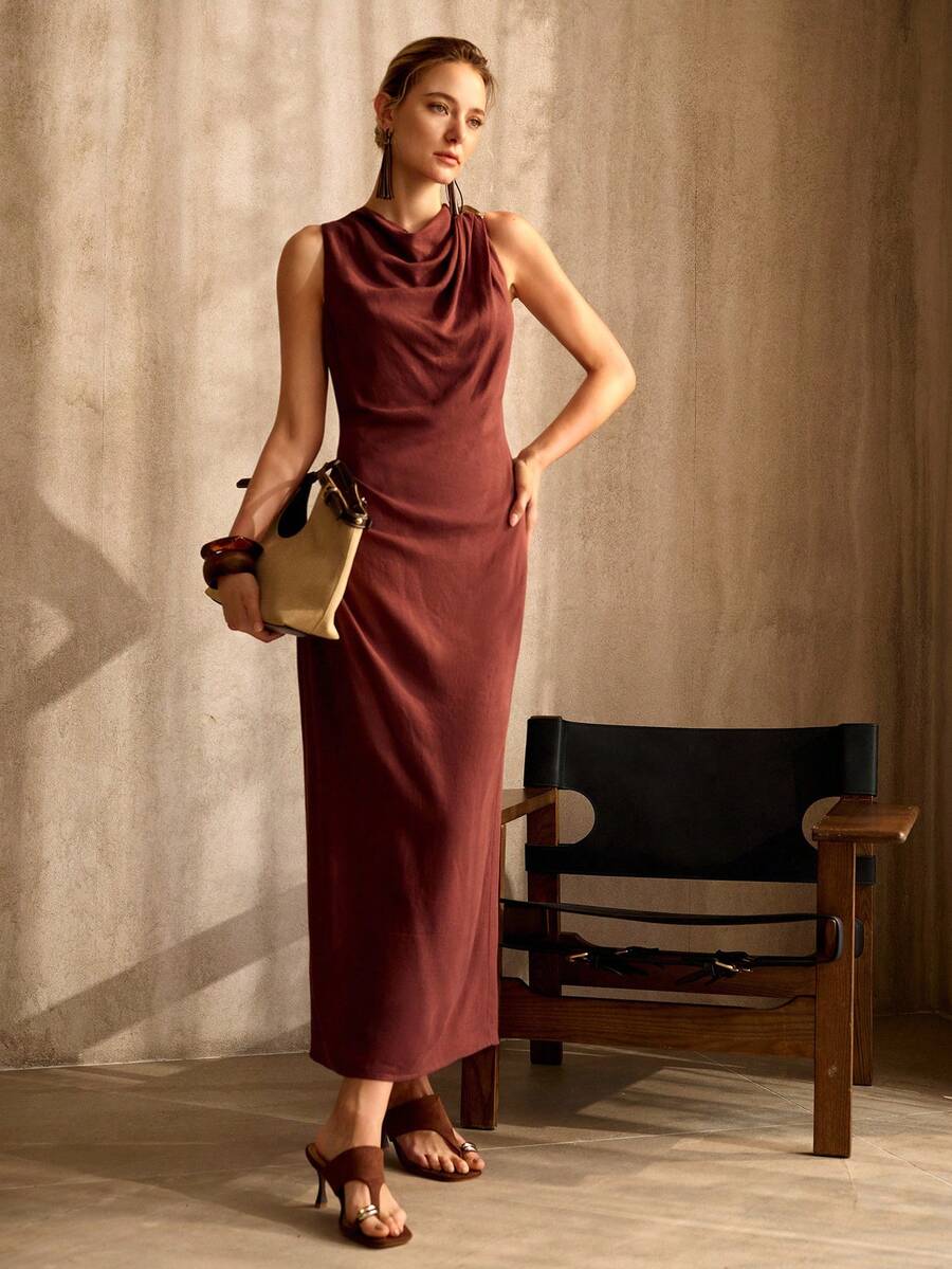 MOTF PREMIUM ĐẦM DÀI NỮ CHẤT LIỆU TENCEL LINEN THIẾT KẾ CÓ CẤU TRÚC - Rỉ Nâu - Xem 1