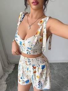 Selianne 女士优雅印花两件套，适合夏季度假 - 杏色 - 查看 7