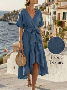 Louniche Women's Blue V-Neck Waist Asymmetrical Hem Dress, Elegant Slimming Vacation Style - Blue - View 2