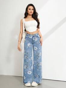 SHEIN Tall 女士带口袋纽扣花卉图案休闲百搭日常穿着阔腿牛仔裤 - 藍色 - 查看 7