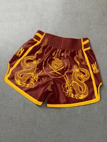 PAVTROS Conjunto de Shorts Masculina, Cintura Elástica, Alta Tolerância, Cintura Alta e Versão Curta, Super Shorts, Tecido Brilhante com Padrão "Dragão e Tigre Preto e Branco", Shorts de Boxe Tailandês, Shorts Esportivos Casuais de Basquete, Fendas Laterais - Vinho - Visão 2