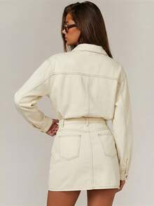 Athîral Đầm denim nữ kiểu dáng thường ngày để đi làm - Màu be - Xem 2