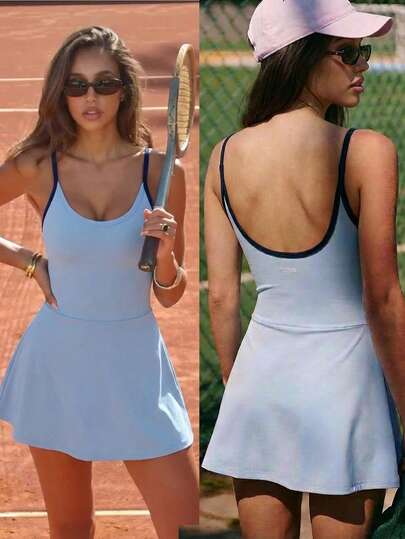 Fluxe Vestido corto de tirantes con espalda descubierta y ribete de color contrastante para mujer