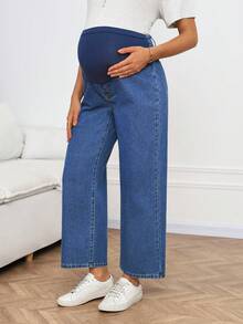 SHEIN 孕妇高腰阔腿宽松休闲百搭牛仔裤 - 藍色 - 查看 4