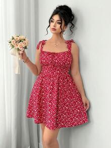 Elenzga Plus Size Women's Summer Date/Vacation French Style Elegant Ditsy Floral Twist Shoulder Cinched Waist Cami Dress - Multicolor - View 7
