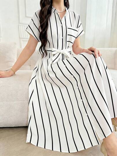 SHEIN 1-Piece Teen Girls' Summer Casual Fashion Classic Comfortable Short-Sleeve Dress Pink Striped Stand Collar Short-Sleeve Mid-Length Loose Shirt Dress Slit Hem With Belt Suitable For Daily Wear, Shopping, Vacations, And More Womens Maxi Dress Stripe Dress For Women White Casual Dresses For Women White Striped Dress Casual Shirt Dress