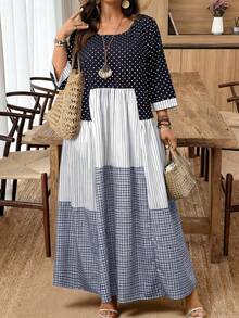 SHEIN CURVE+ 大码女式休闲度假圆领七分袖波点、格子和条纹拼接连衣裙，秋季 - 彩色 - 查看 8