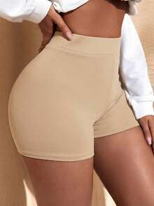 SHEIN SXY Quần short bó sát màu đen cạp rộng dành cho người đi xe máy, thích hợp cho mùa xuân và mùa hè. - Màu be - Xem 5