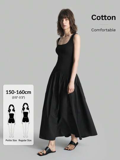 Ontre Petite Đầm dài nữ 2026 SS PETITE, màu trơn, dáng rộng, không tay, xếp ly, phối họa tiết, thích hợp cho công sở, đi chơi, đồng phục giáo viên, câu lạc bộ, phong cách retro vintage thường ngày, ngày Quốc khánh, phong cách tối giản thành thị, đi làm, kỳ nghỉ, bãi biển, lễ hội âm nhạc, ngày lễ, lễ tốt nghiệp, tiệc trà, tiệc tùng.