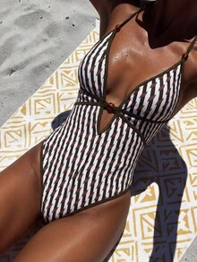 Zivah 2026 Spring/Summer Vacation Beach Striped Print Tie-Front Backless One-Piece Swimsuit - Brown - View 2