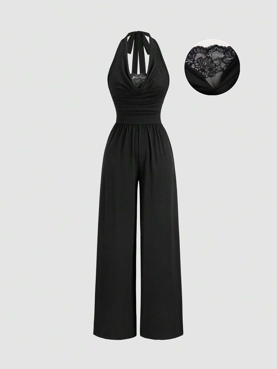 Sweetra Bộ jumpsuit ống rộng cổ cao ren buộc dây hở lưng phong cách Y2K gợi cảm, thích hợp cho kỳ nghỉ. - màu đen - Xem 1