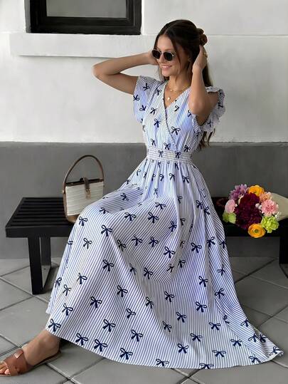 SHEIN 1pc Teen GirlSummer Waist Tie Elegant Floral Butterfly Print Long Dress