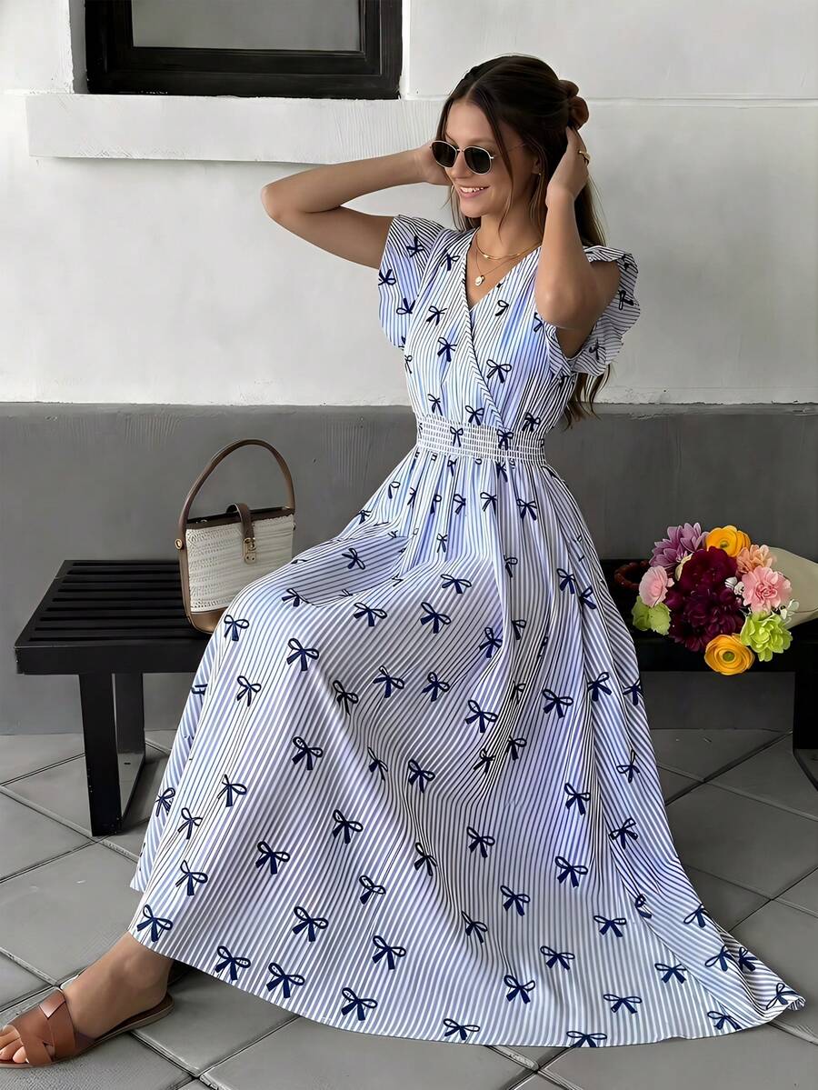 SHEIN 1 chiếc đầm dài mùa hè cho bé gái, kiểu dáng thanh lịch, thắt eo, in họa tiết hoa và nơ. - trắng - Xem 1