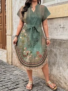 SHEIN LUNE 大码女式休闲复古花卉印花连衣裙，适合夏季海滩度假 - 彩色 - 查看 5