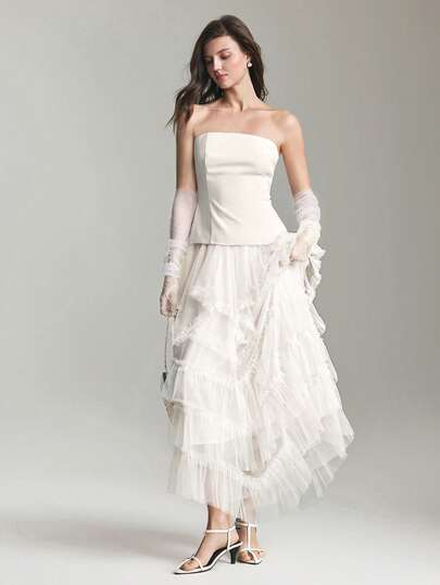 Ontre Chân váy nữ màu trơn nhiều lớp xếp ly viền ren phối lưới, thời trang, đa năng, thích hợp cho buổi hẹn hò.