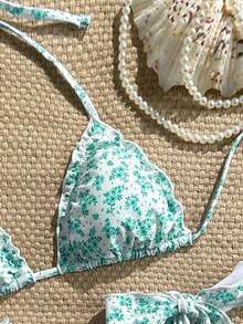 Swim Vcay Women's 2pcs Ditsy Floral Ruffled V-Neck Halter Tie Bikini Set Set, Summer - Green - View 6
