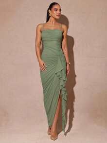 Silquee 优雅鼠尾草绿浪漫荷叶袖高开衩连衣裙，蕾丝紧身连衣裙，适合情人节、约会、派对、婚礼伴娘、舞会等场合。 - 薄荷綠 - 查看 3